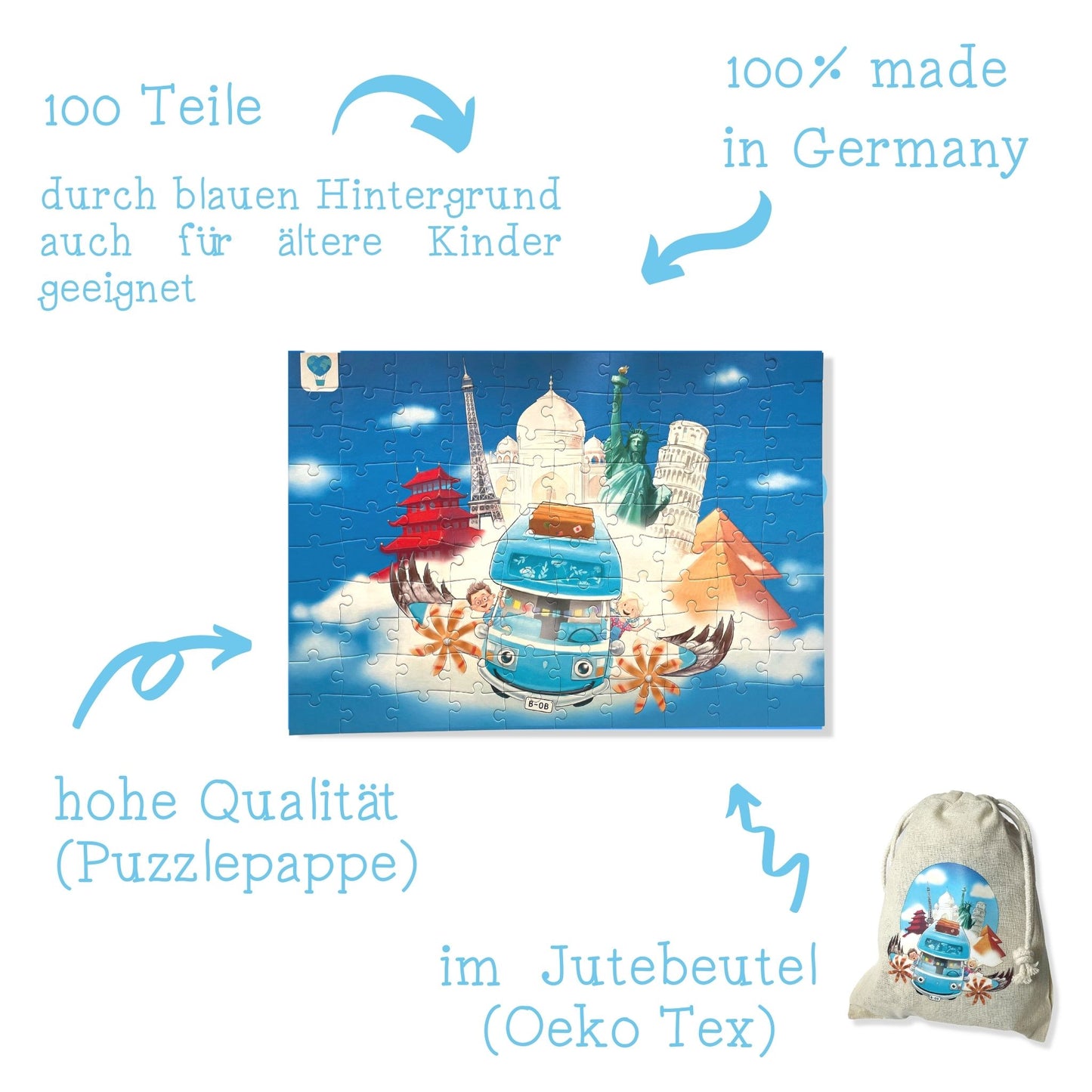 Reise-Puzzle | 100 Teile | praktisch im Jutebeutel | platzsparend I B-OB Coddiwomple