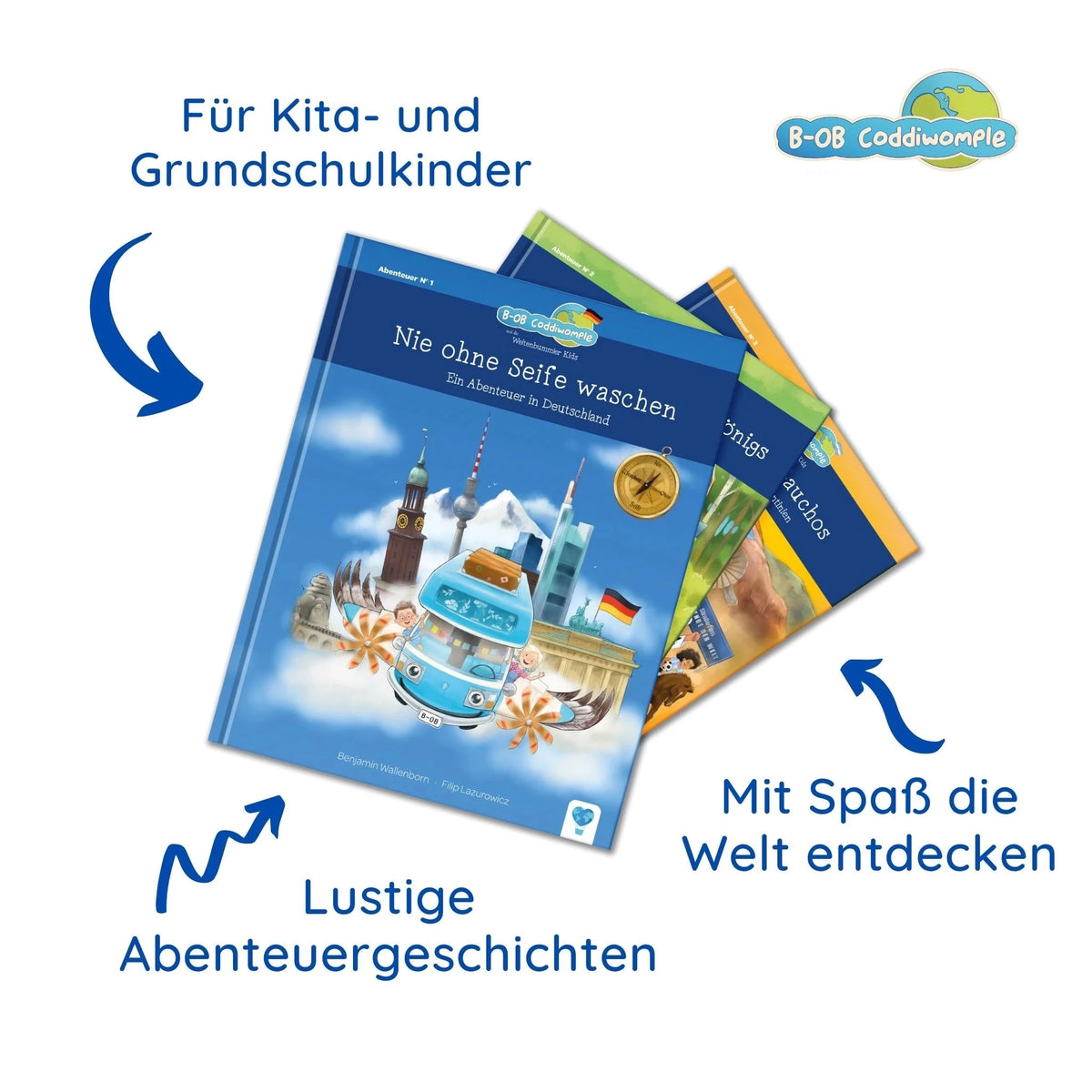 B-OB Coddiwomple und die Weltenbummler Kids Buchreihe gefächert dargestellt.