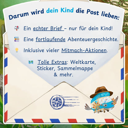 Darum wird dein Kind BOBs Abenteuerpost lieben: echter Brief, spannende Geschichte, Mitmach-Aktionen und tolle Extras wie Weltkarte und Sticker.