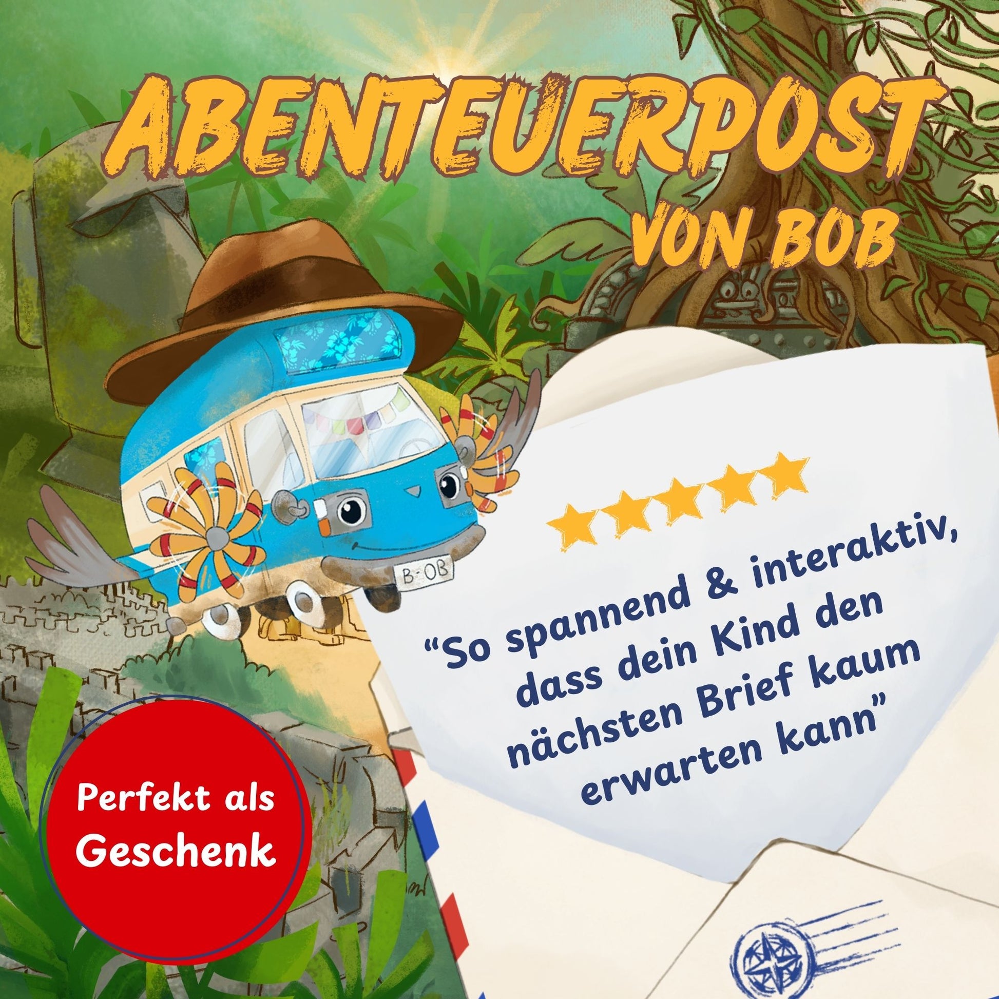 BOBs Abenteuerpost als ideales Geschenk: persönliche Kinderpost mit monatlichen Abenteuern, die Freude und Neugier wecken.